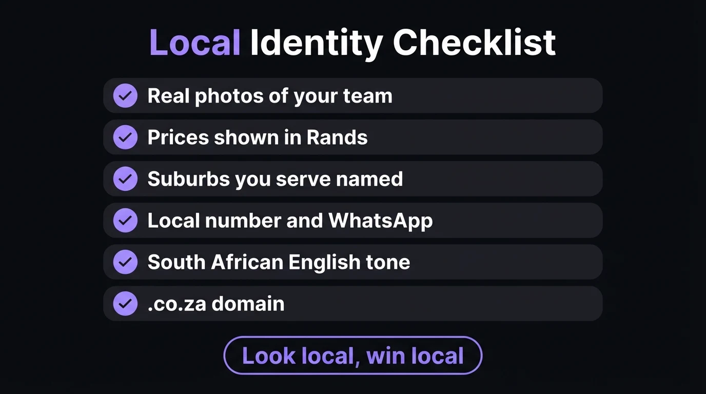 Local Identity Checklist infographic: real photos of your team, prices shown in Rands, suburbs you serve named, local number and WhatsApp, South African English tone, .co.za domain